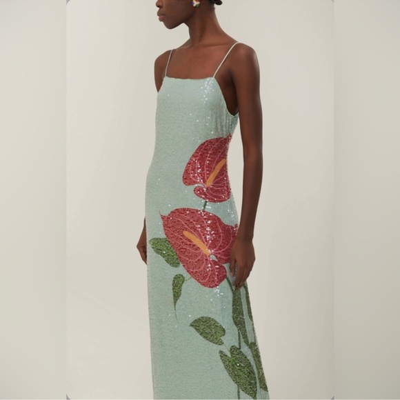 FARM Rio Green Maxi Dress with Red Floral Design - Picture 4 of 10